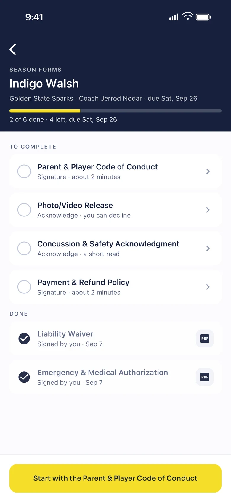 A season forms checklist for one player, showing four forms still to complete and two already signed